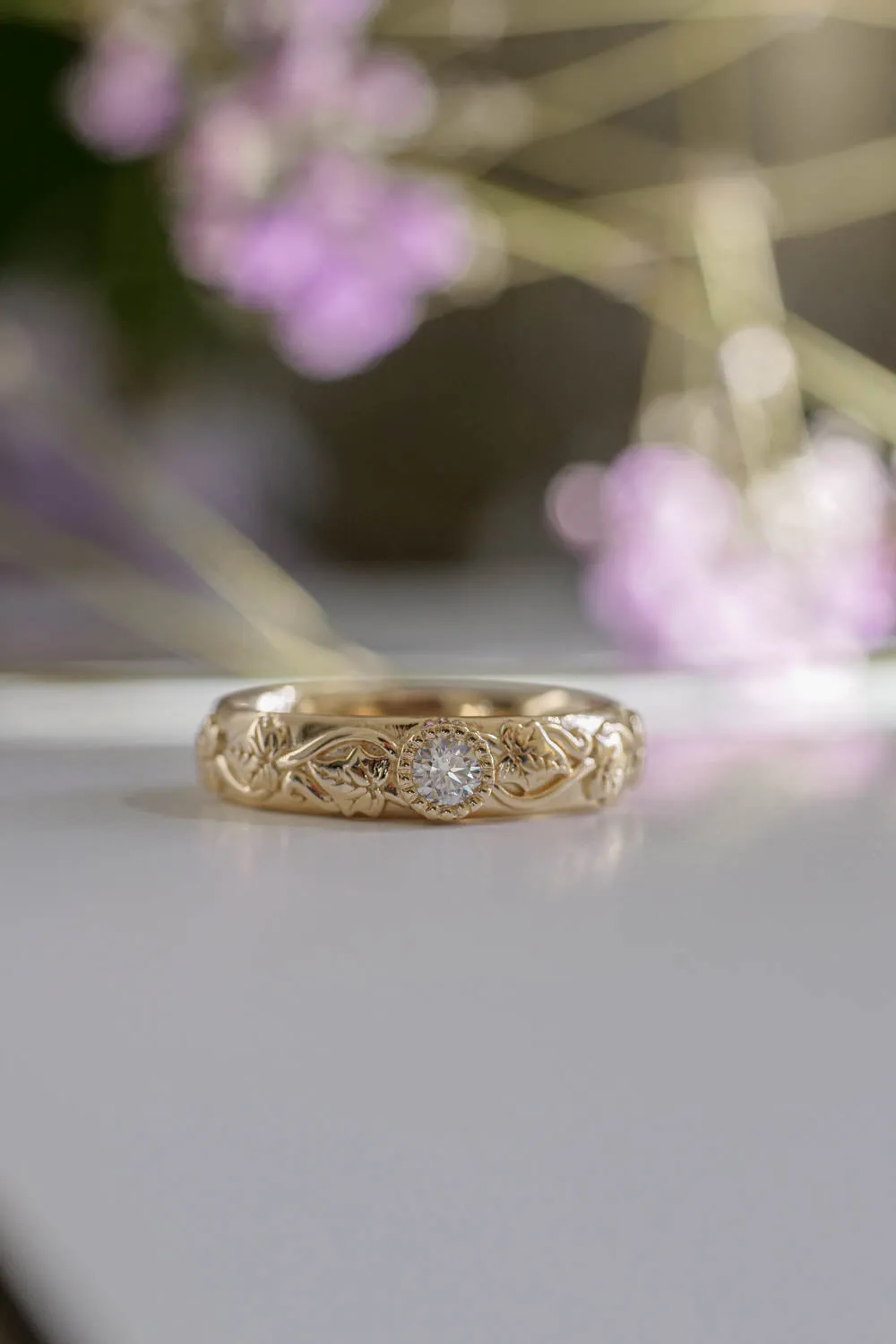 Gold leaf wedding band, ivy ring with diamond, comfort fit