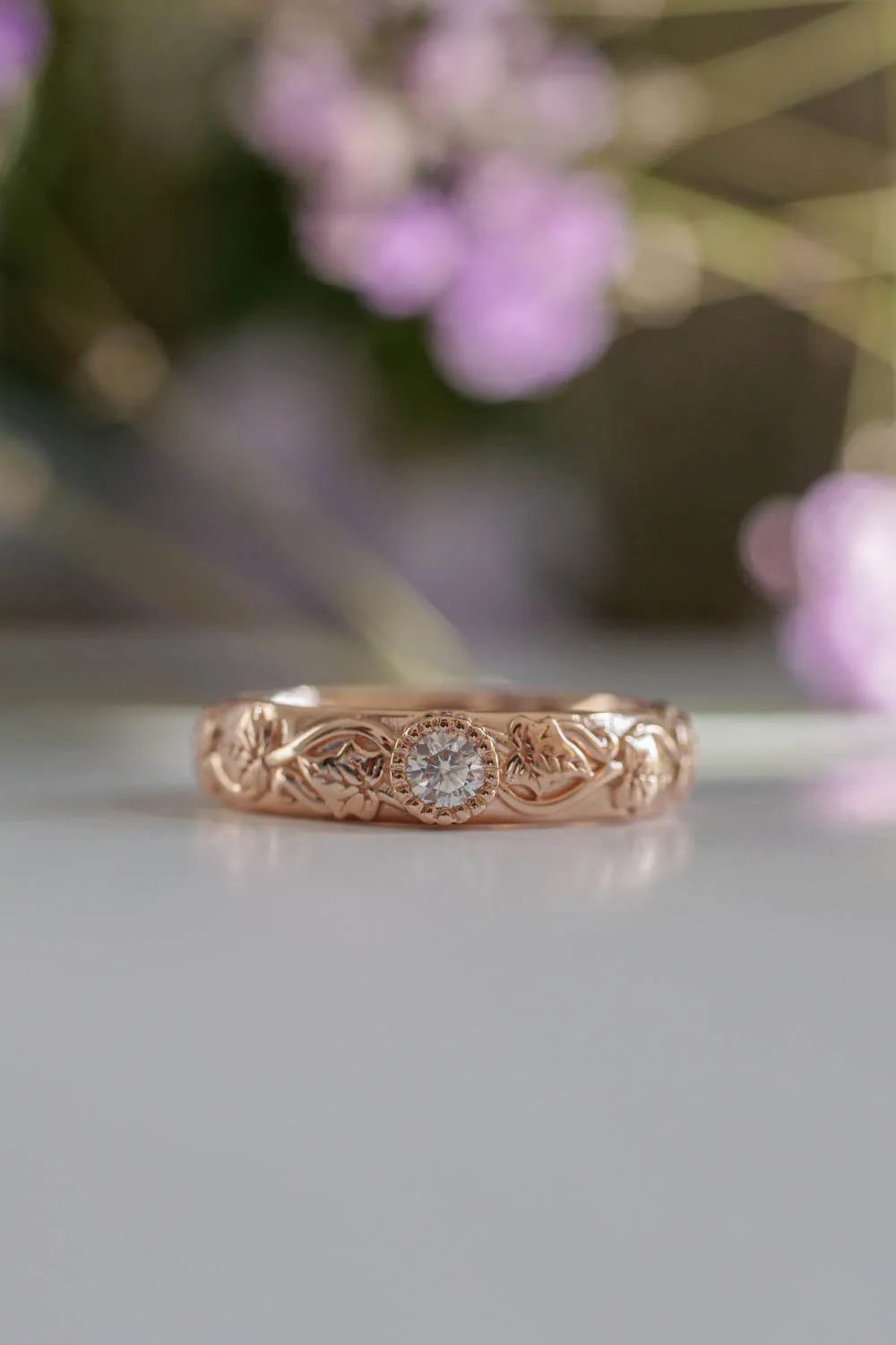 Gold leaf wedding band, ivy ring with diamond, comfort fit