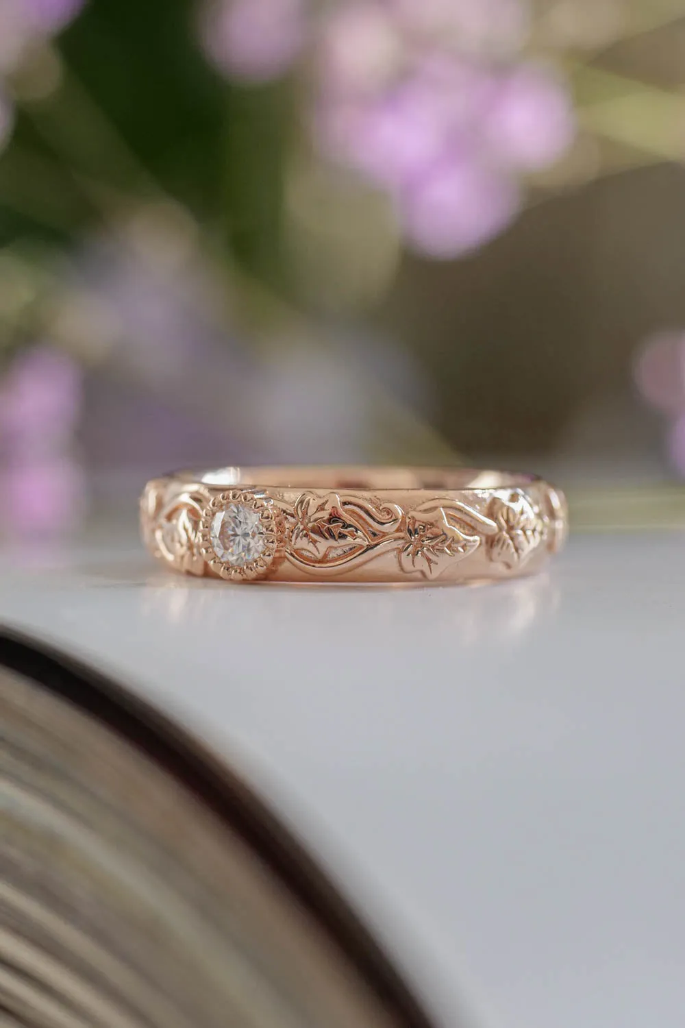 Gold leaf wedding band, ivy ring with diamond, comfort fit