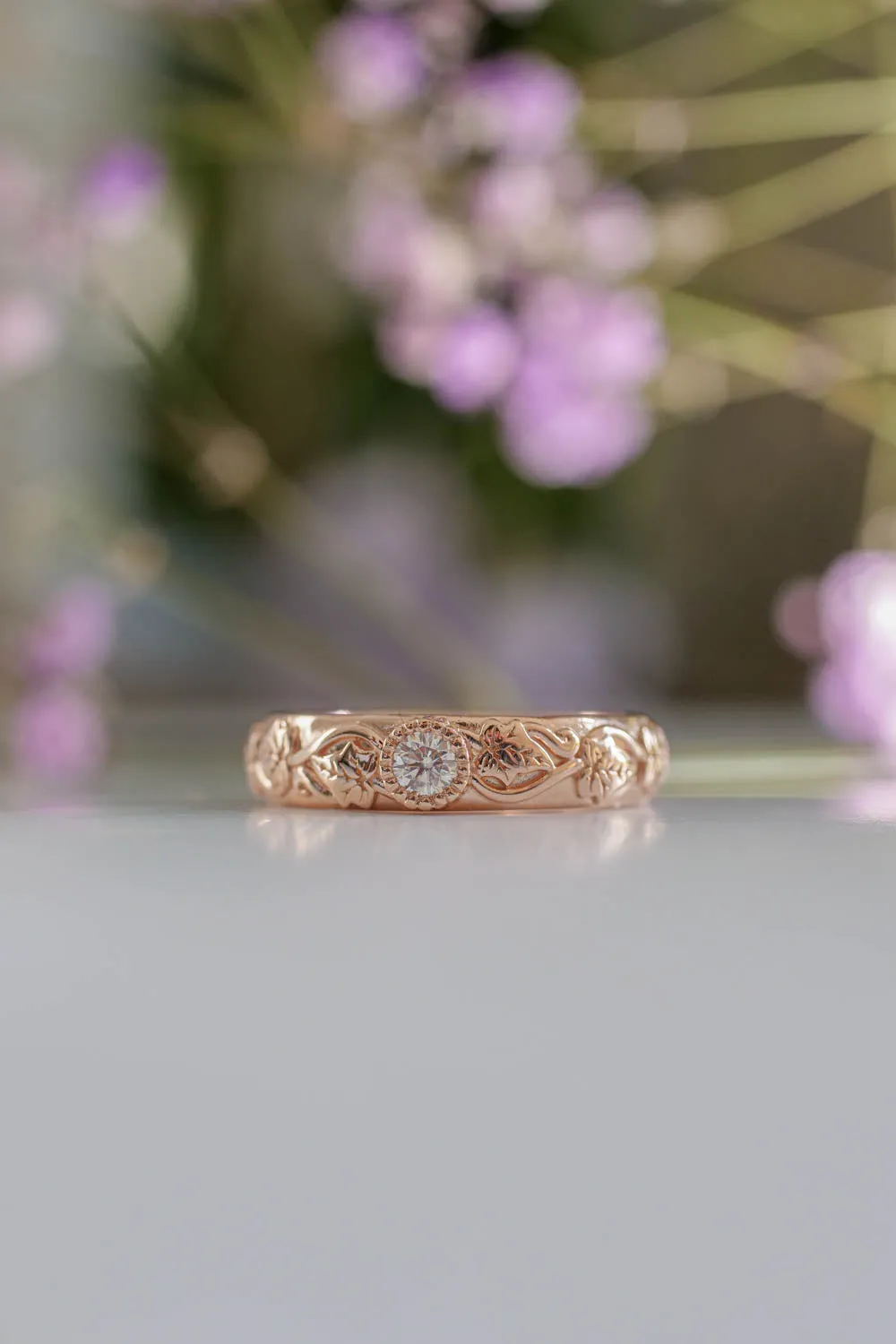 Gold leaf wedding band, ivy ring with diamond, comfort fit