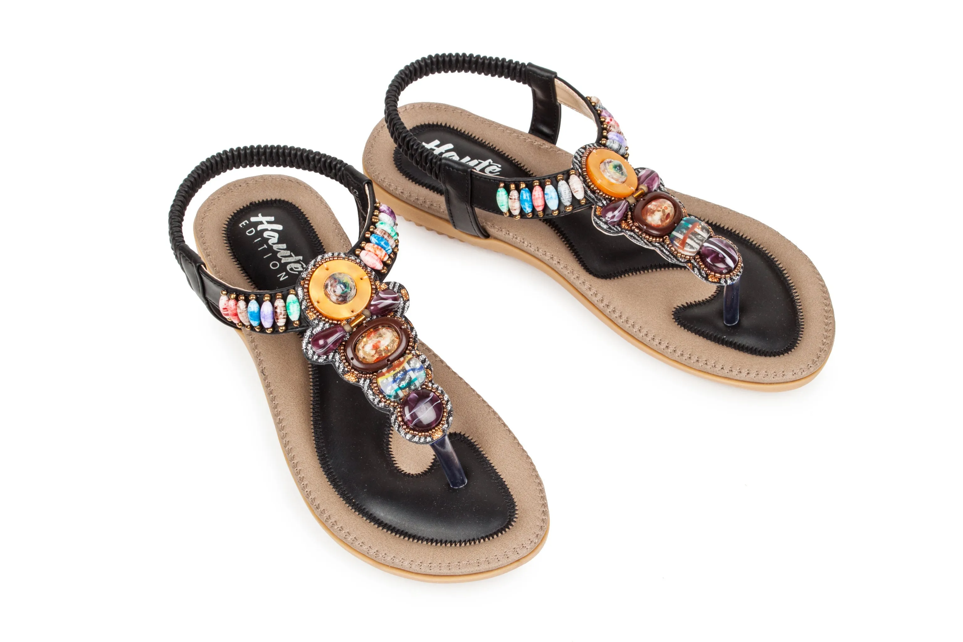 Haute Edition Women's Bohemian Beaded Elastic Slip on Comfort Sandals