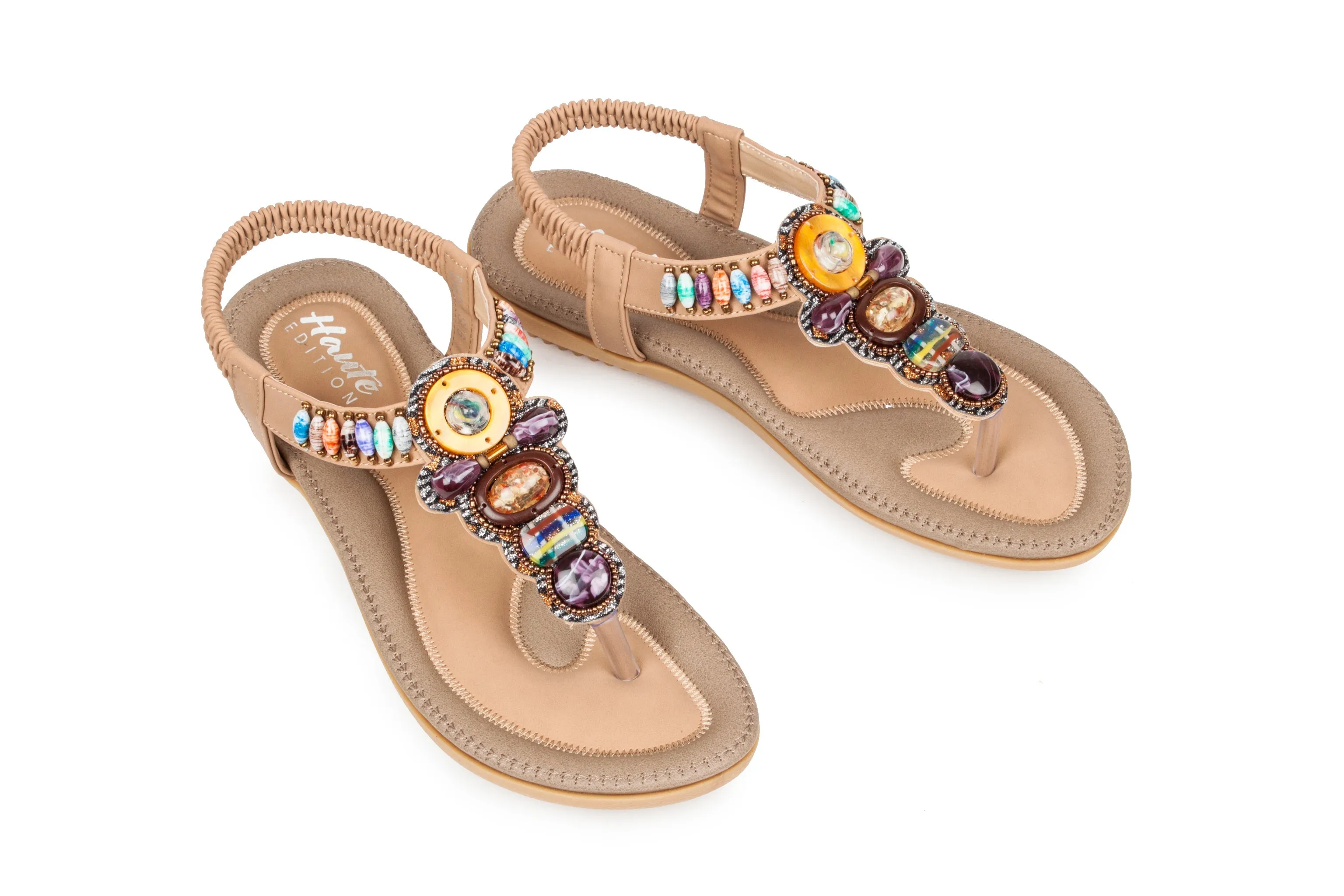 Haute Edition Women's Bohemian Beaded Elastic Slip on Comfort Sandals