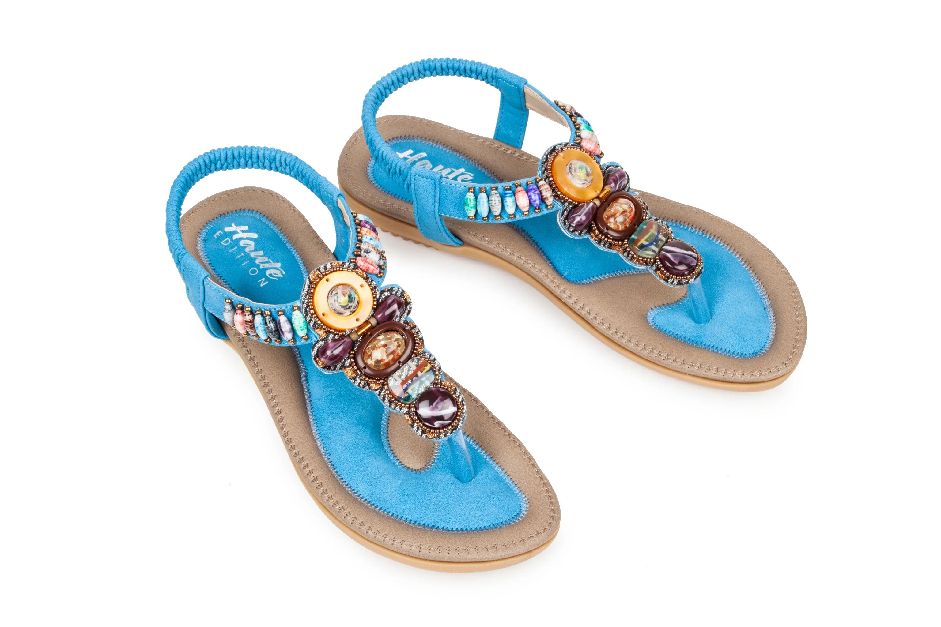 Haute Edition Women's Bohemian Beaded Elastic Slip on Comfort Sandals