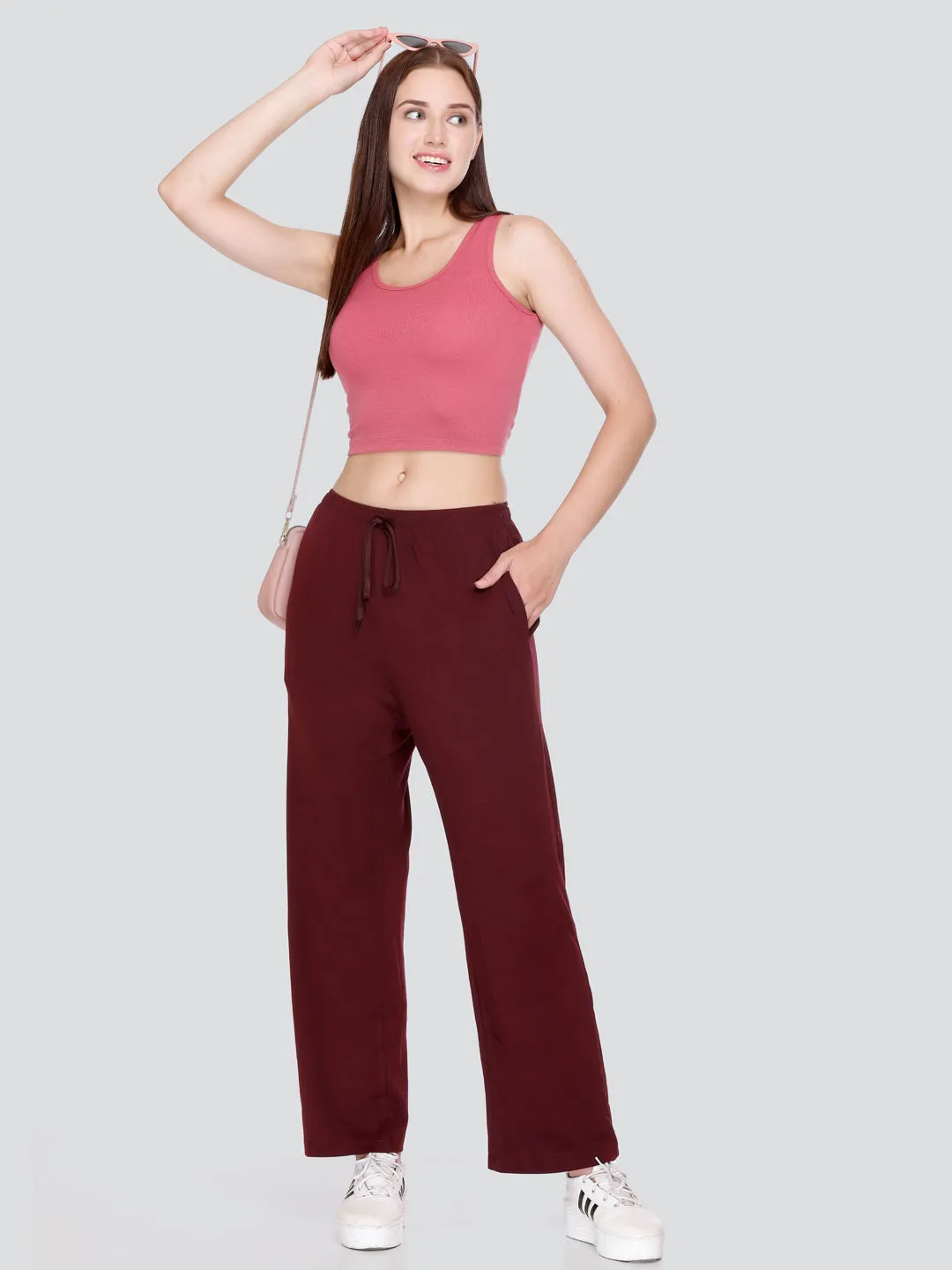 High Rise Cotton Straight Wine Trackpants