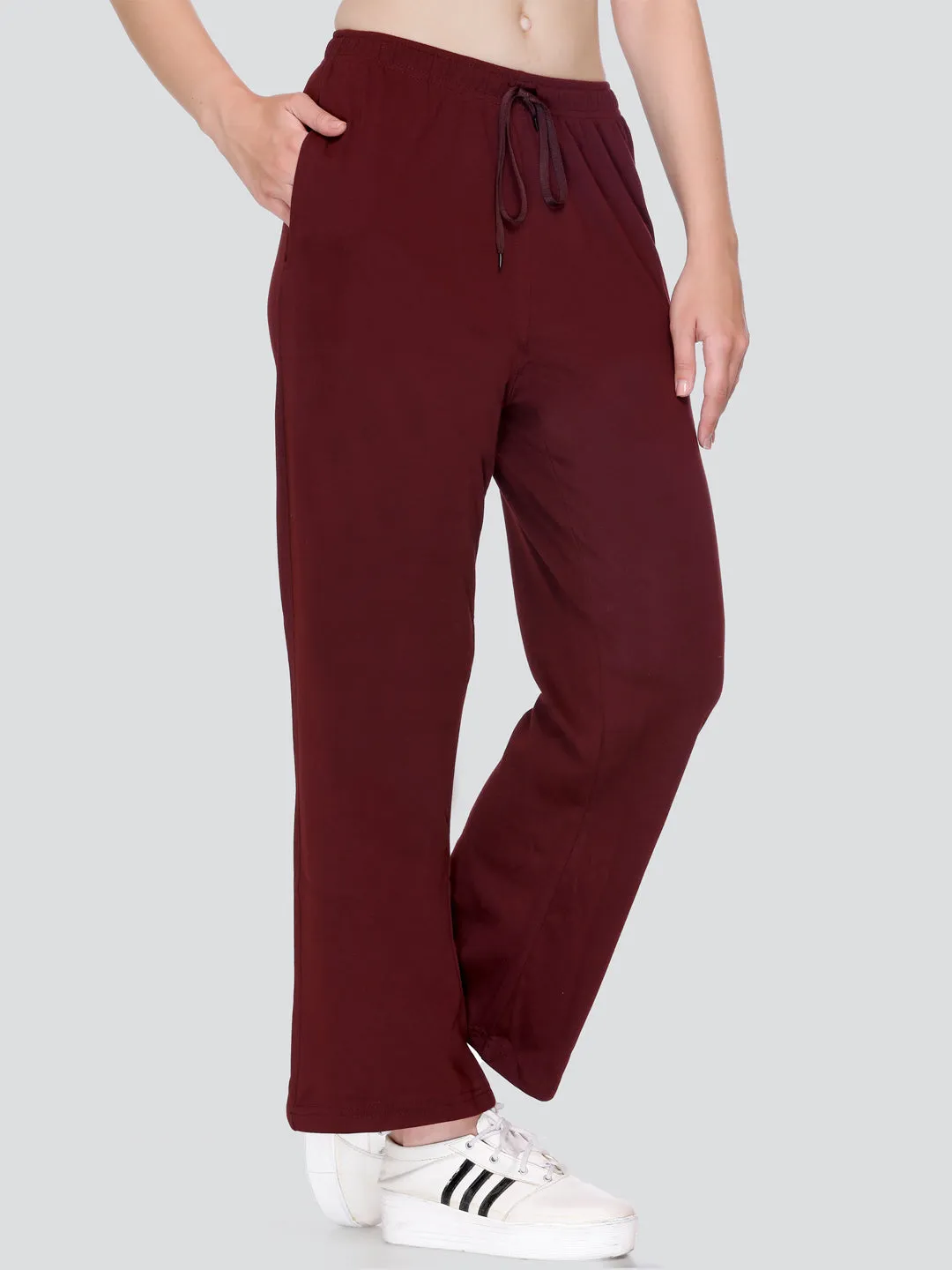 High Rise Cotton Straight Wine Trackpants