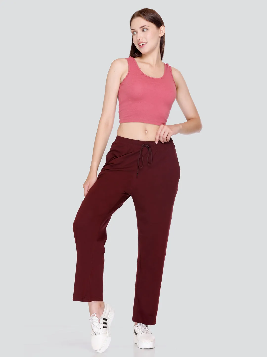 High Rise Cotton Straight Wine Trackpants