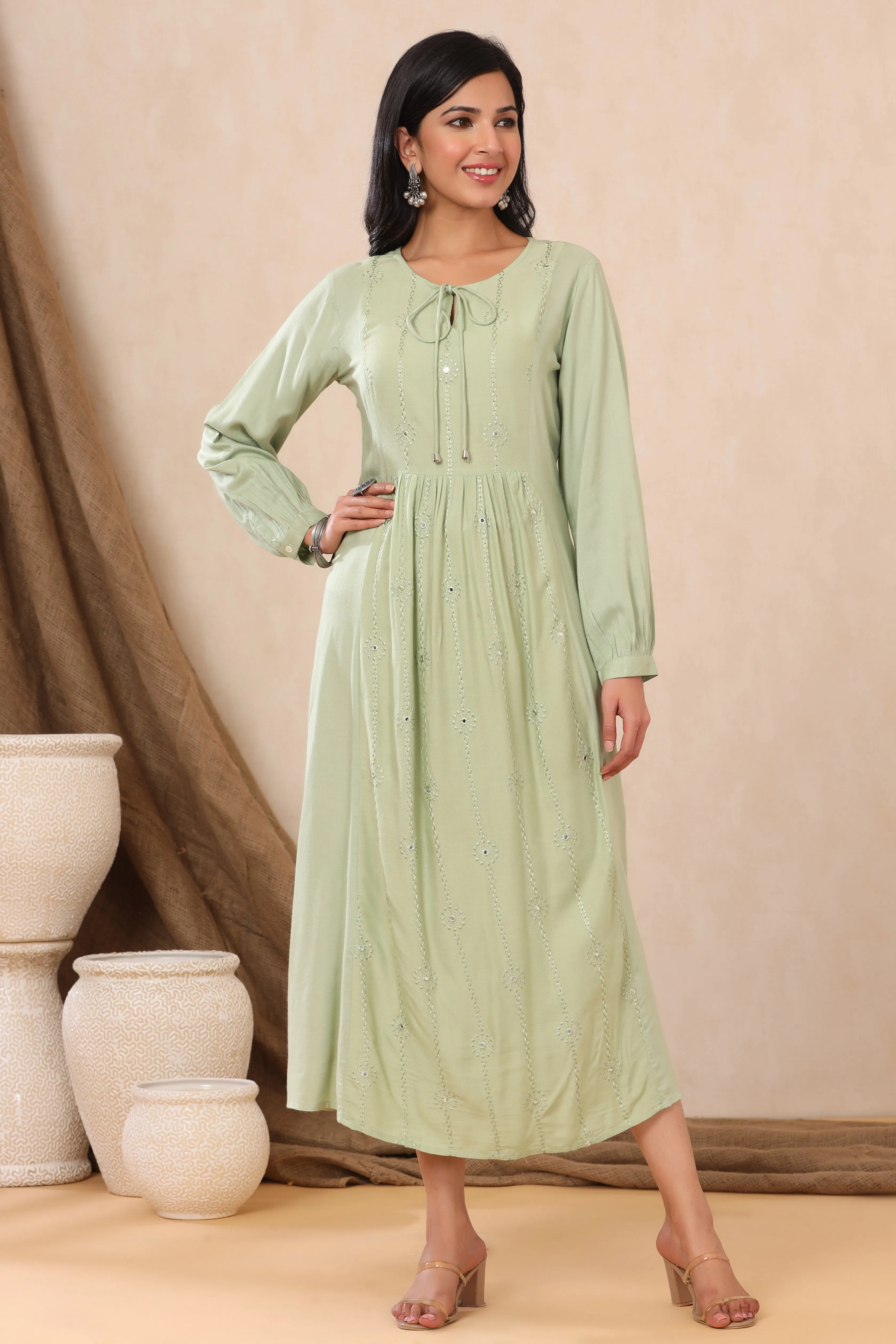 Juniper Olive Thread Embroidered Rayon Maxi dress