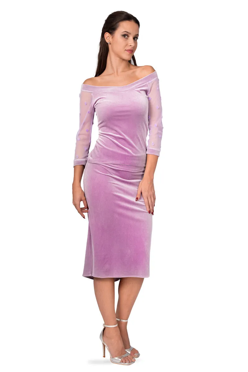 Lilac Velvet Boat Neckline Top With Tulle Sleeves