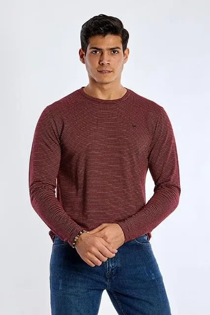 Long Sleeve Round Neck Striped T-Shirt - WINE