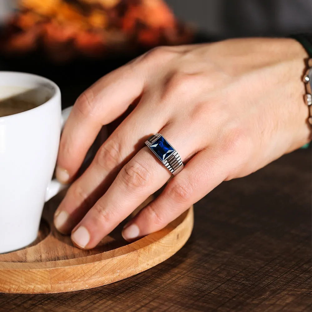 Male Pinky Ring Sterling Silver Band with Faceted Gemstone