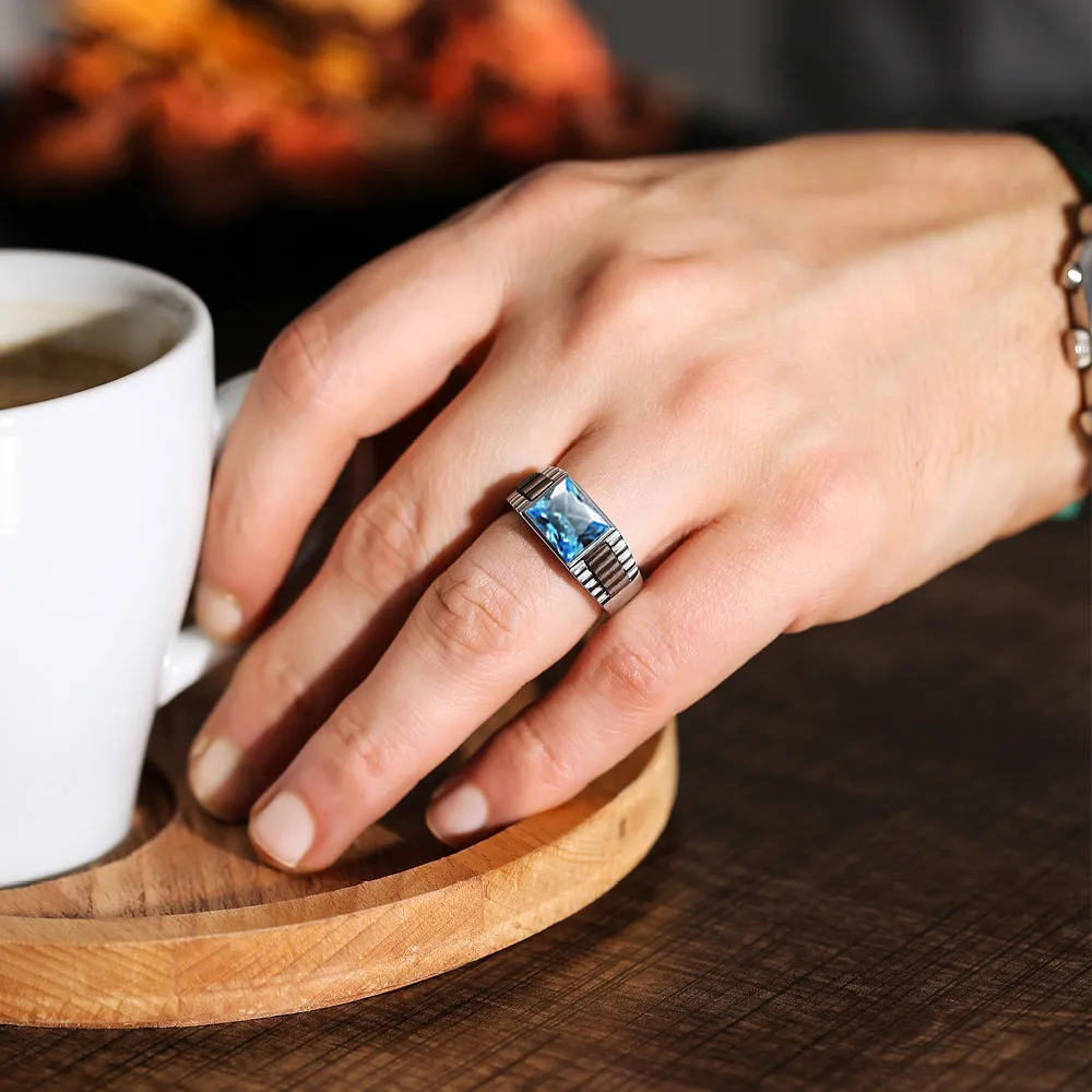 Male Pinky Ring Sterling Silver Band with Faceted Gemstone