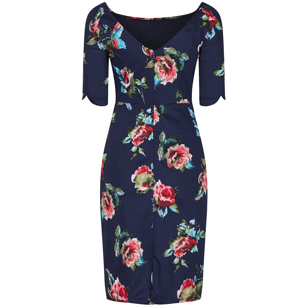 Navy Blue Floral 1/2 Sleeve Floral Wiggle Pencil Dress