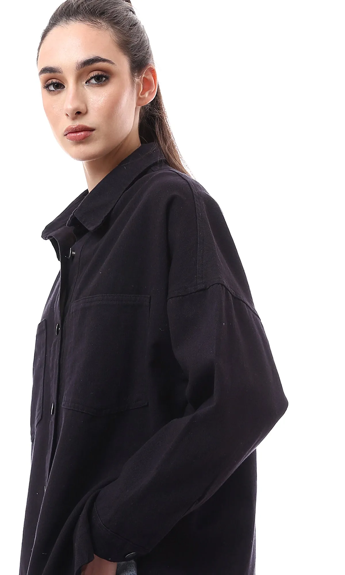 O172036 Black Full Buttons Down Gabardine Shirt