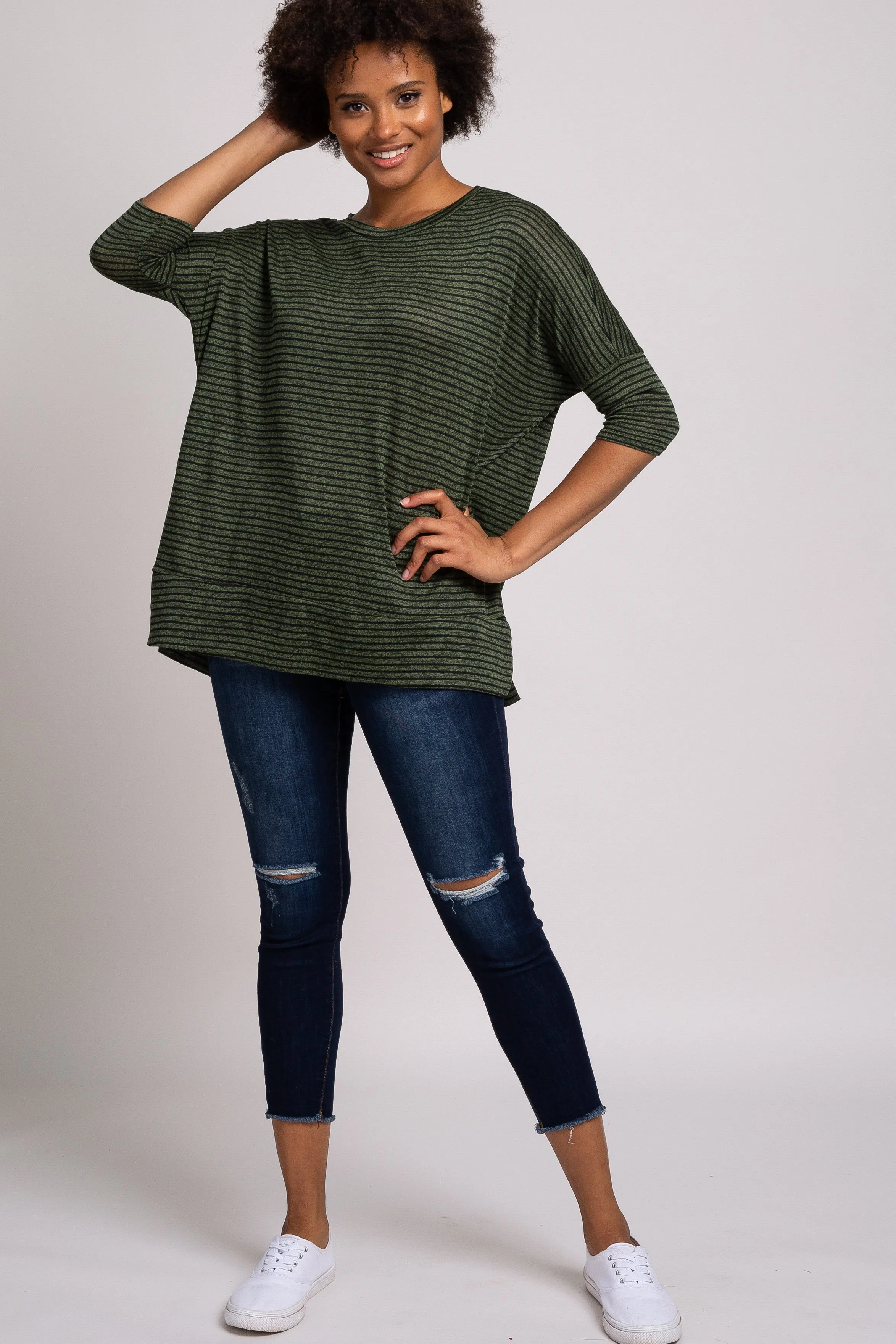 Olive Striped 3/4 Sleeve Top