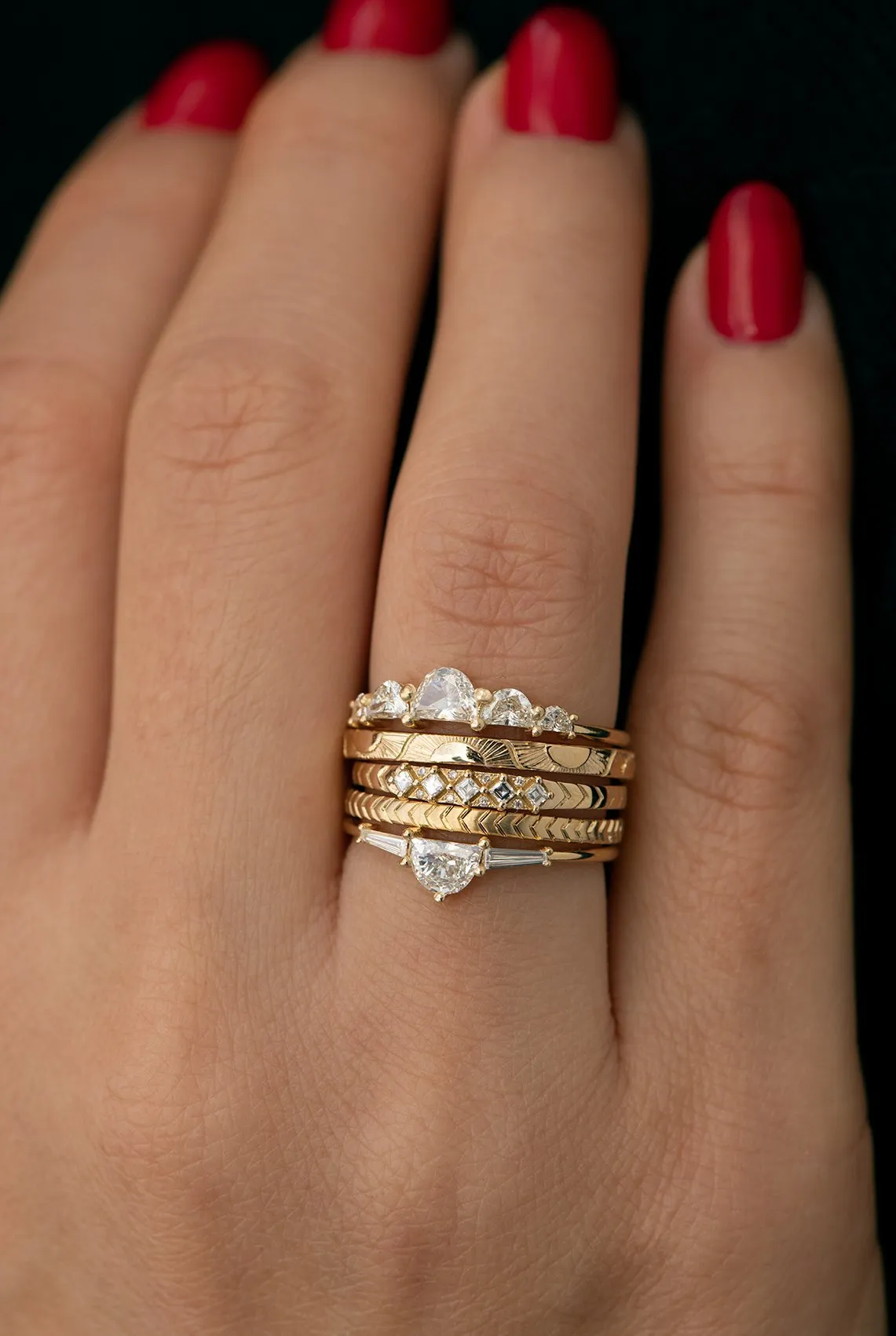 ORDER ONLY: 18K Gold Engraved Ring with Five Carre-Cut Diamonds