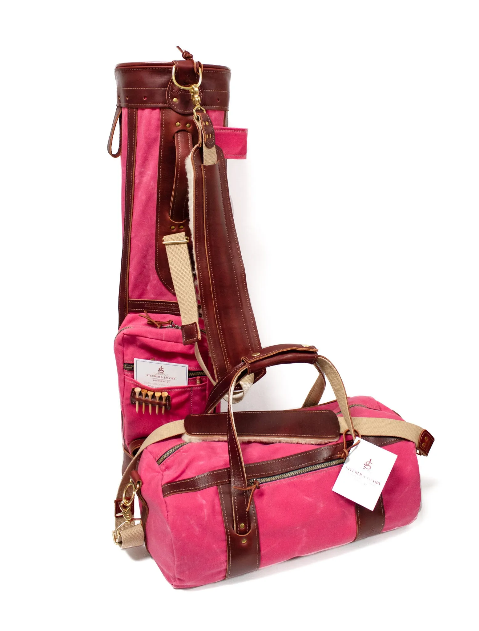 Pink Canvas and Burgundy Leather Club Duffel Bag