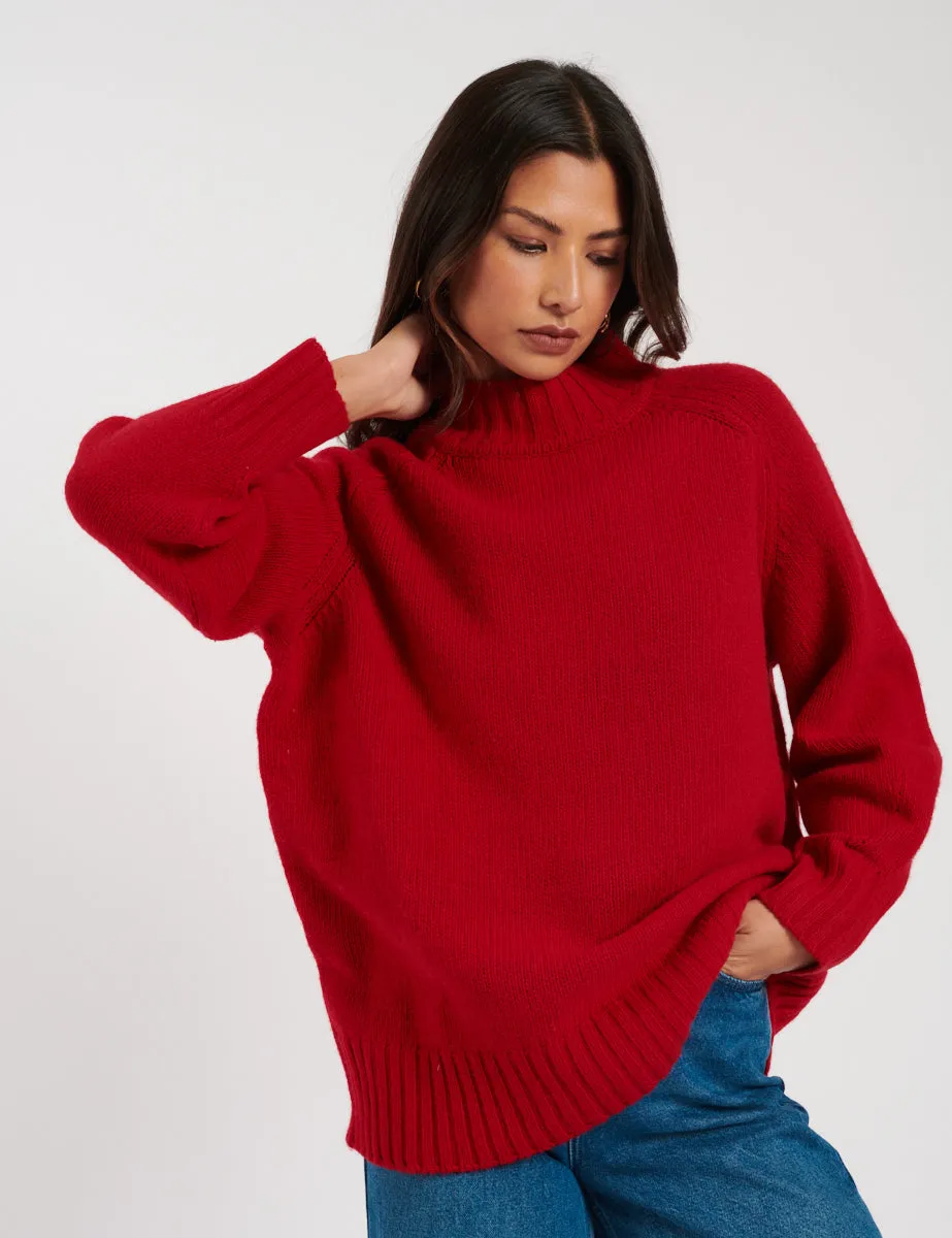 Red Funnel Neck Wool Knitted Jumper