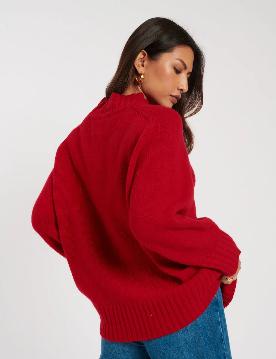 Red Funnel Neck Wool Knitted Jumper