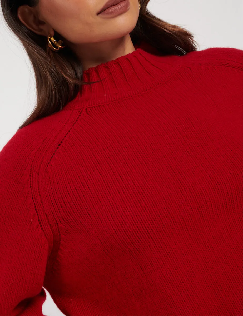 Red Funnel Neck Wool Knitted Jumper