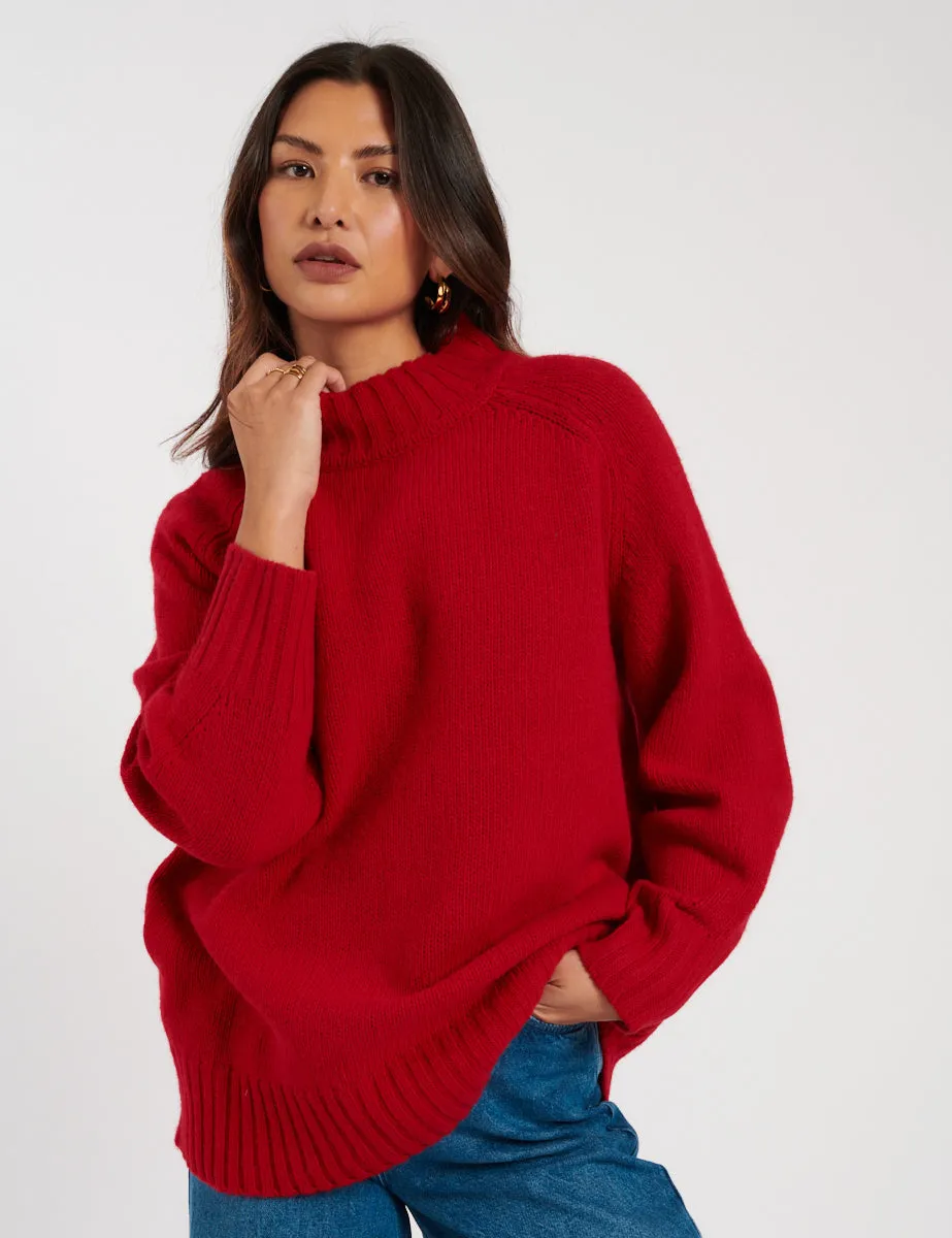 Red Funnel Neck Wool Knitted Jumper