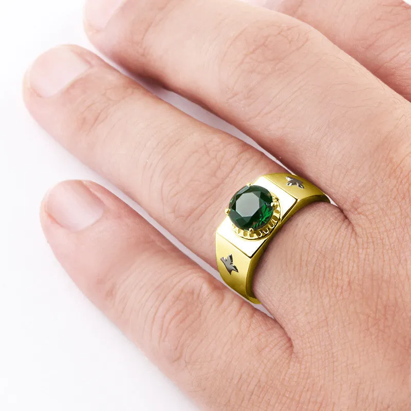 Round Green Emerald Gemstone 10k Solid Yellow Gold Band Ring For Men