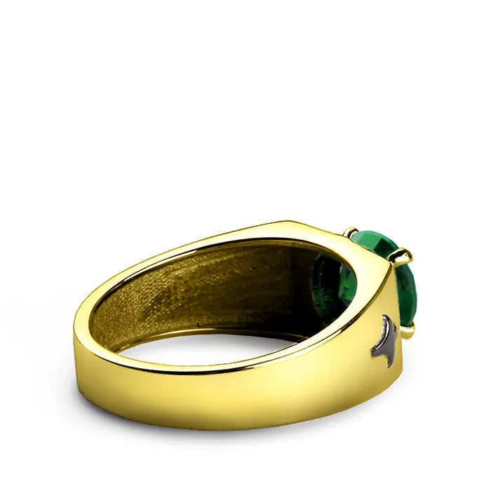 Round Green Emerald Gemstone 10k Solid Yellow Gold Band Ring For Men