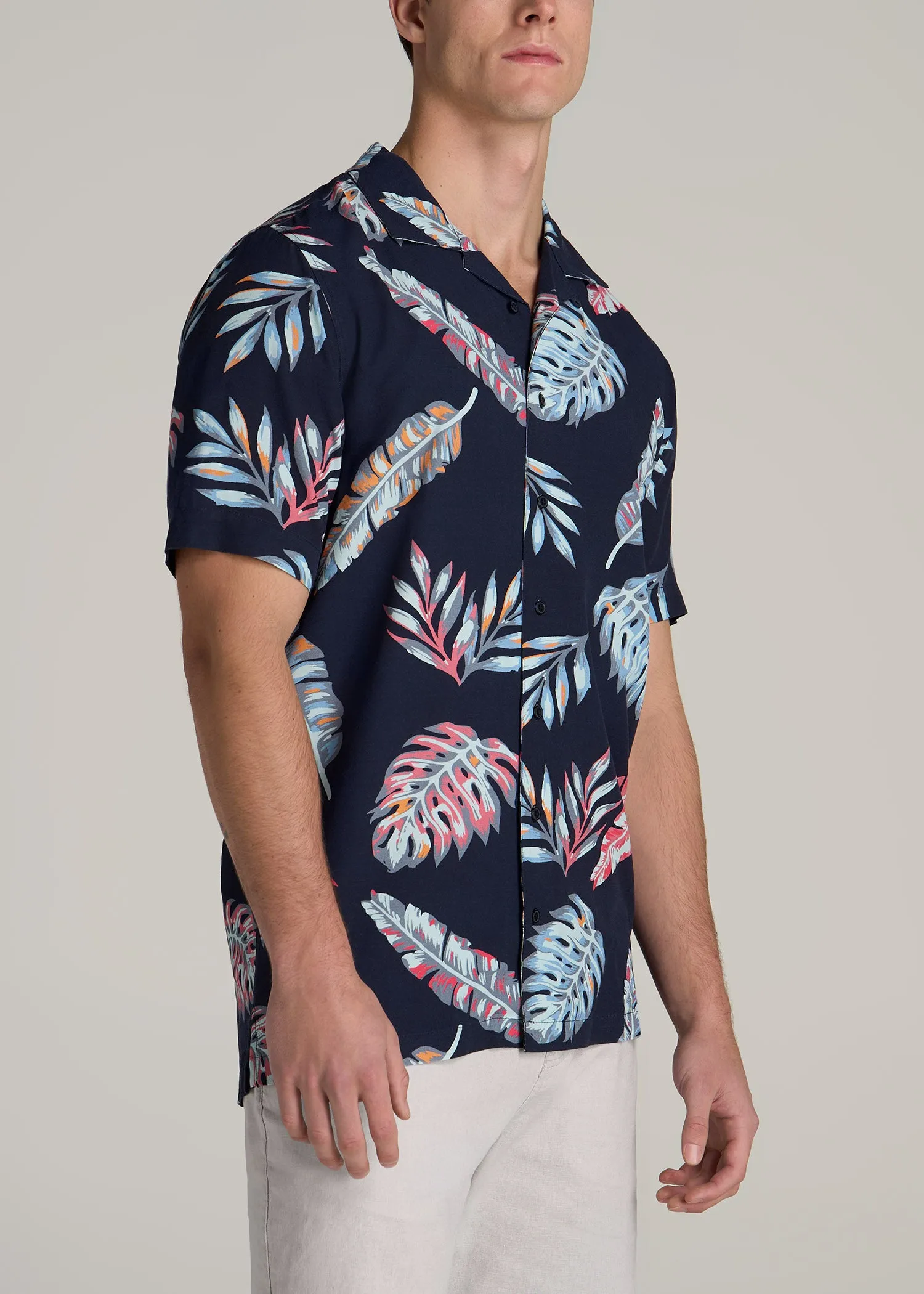 Short Sleeve Resort Shirt for Tall Men in Indigo Floral Print