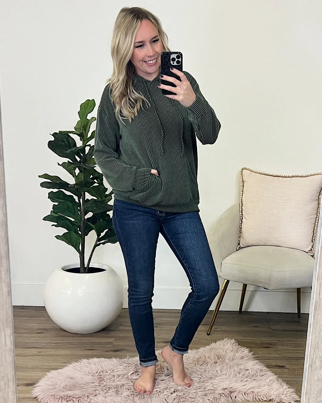 Terri Olive Corded Hooded Top FINAL SALE