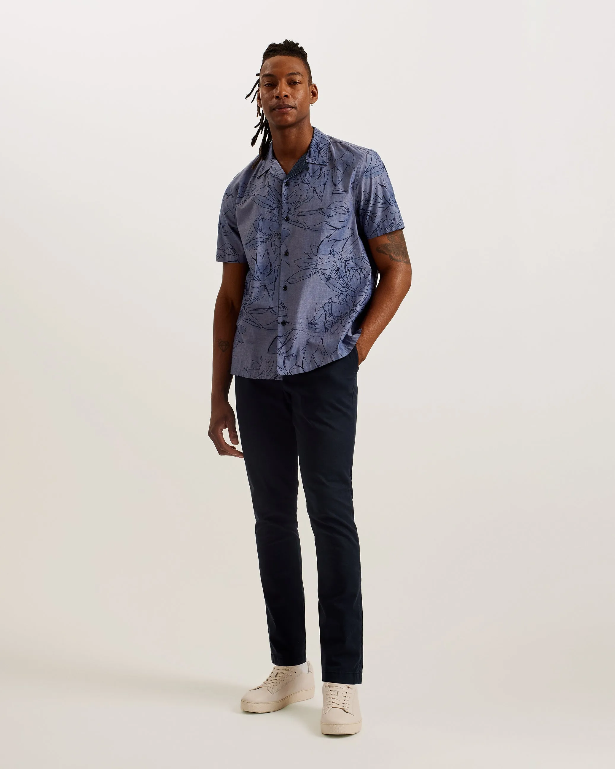 Terroni Ss Regular Chambray Floral Shirt Dk-Blue