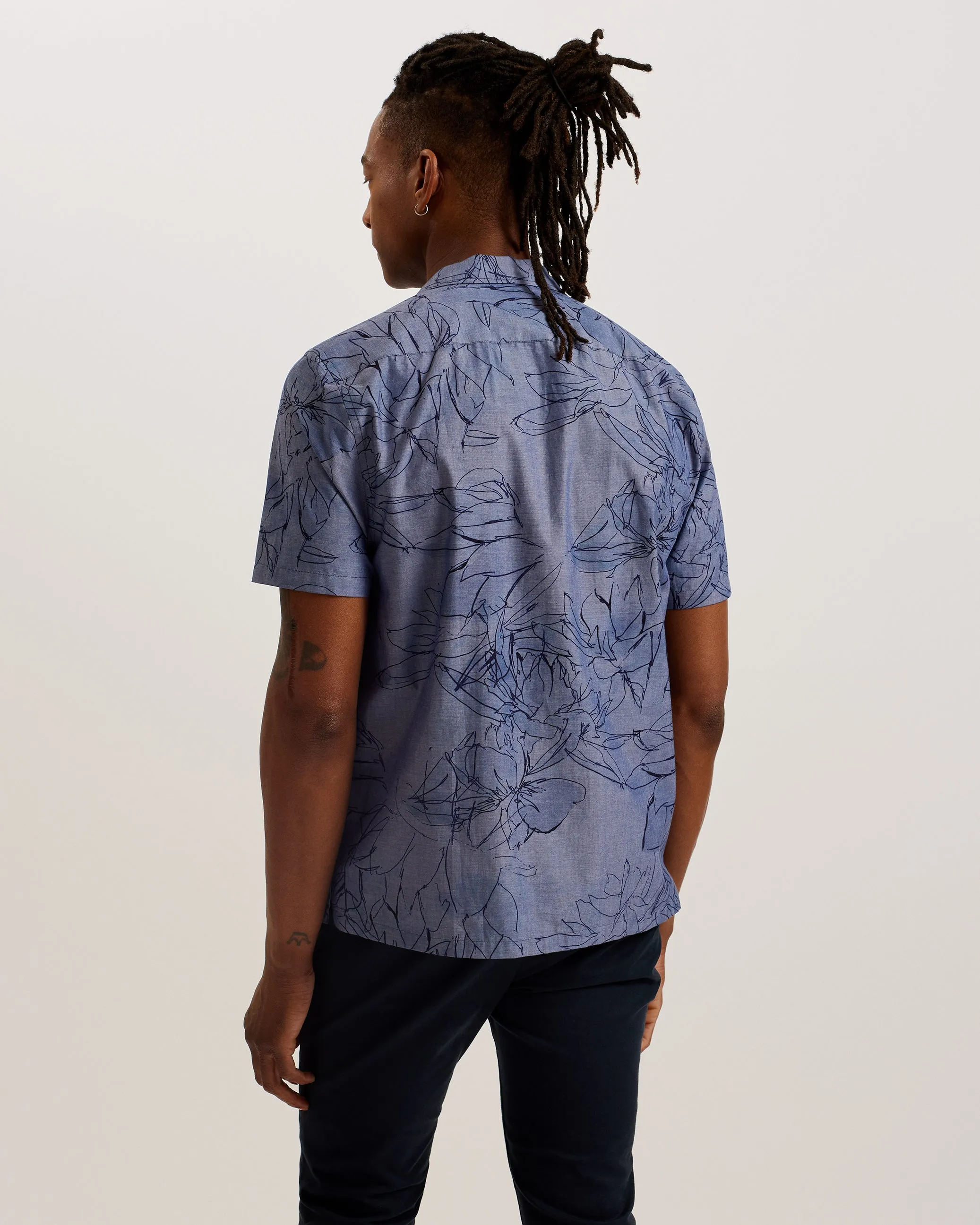 Terroni Ss Regular Chambray Floral Shirt Dk-Blue