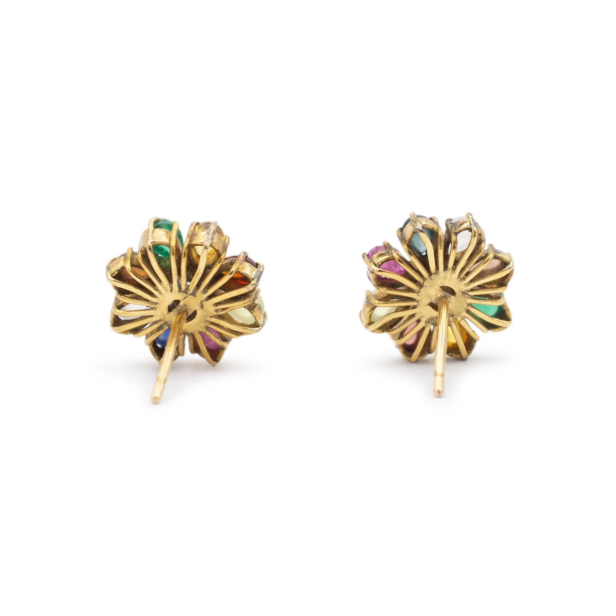 Vintage Ladies 18K Yellow Gold Diamond & Multi Gem Flower Stud Earrings