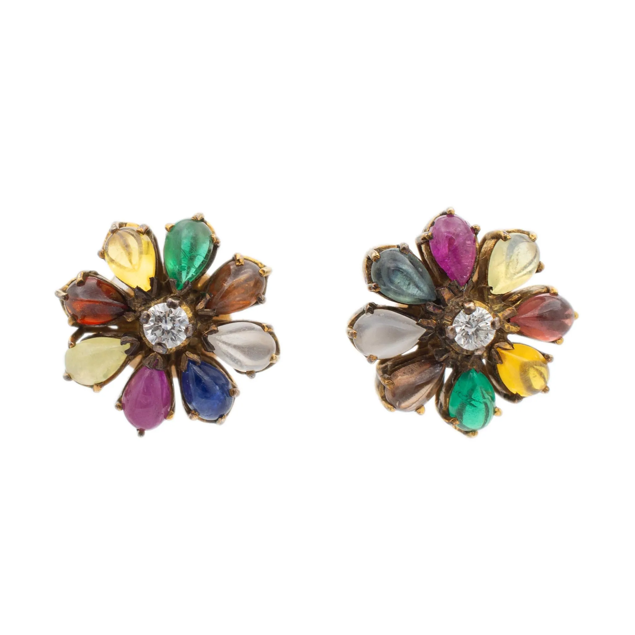 Vintage Ladies 18K Yellow Gold Diamond & Multi Gem Flower Stud Earrings