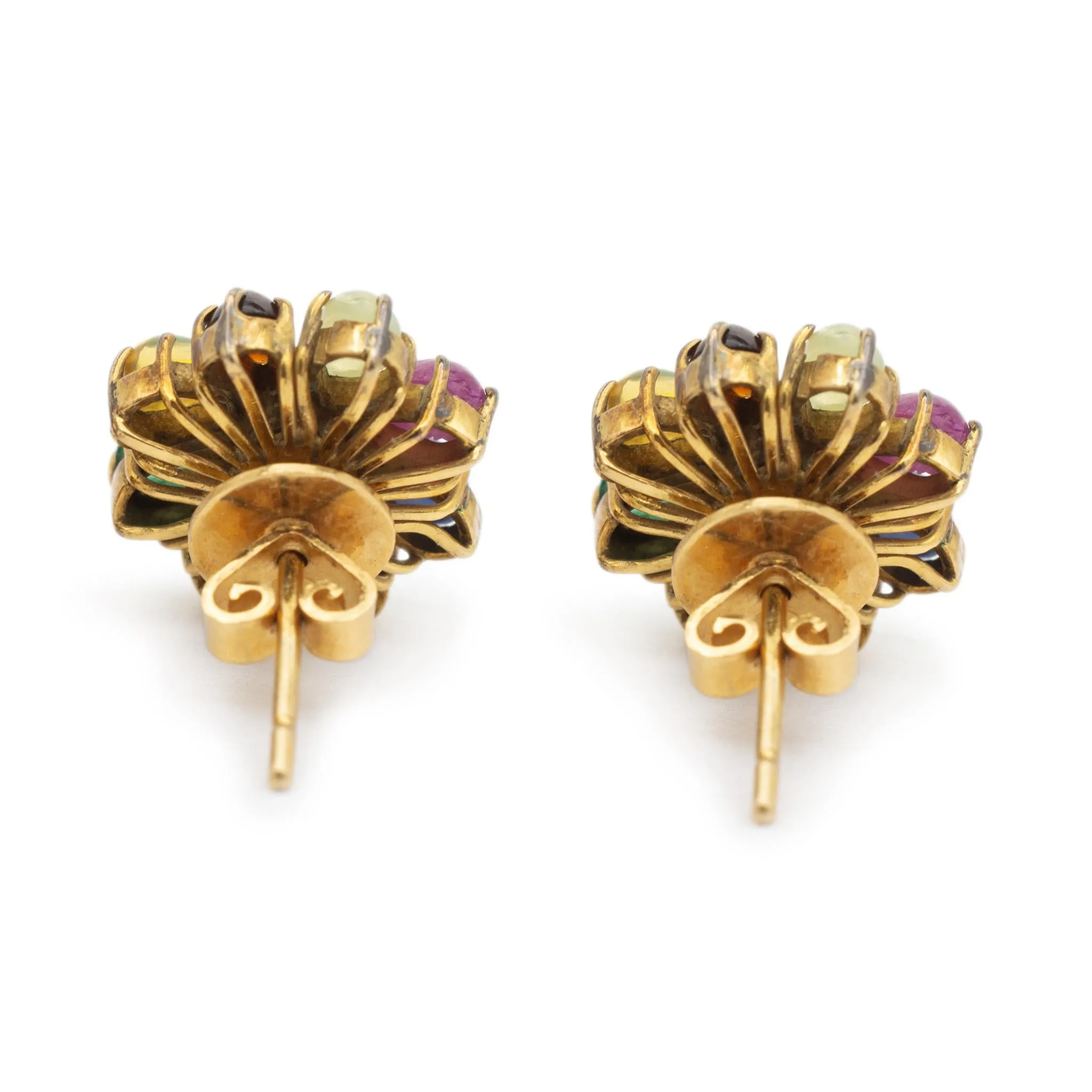 Vintage Ladies 18K Yellow Gold Diamond & Multi Gem Flower Stud Earrings