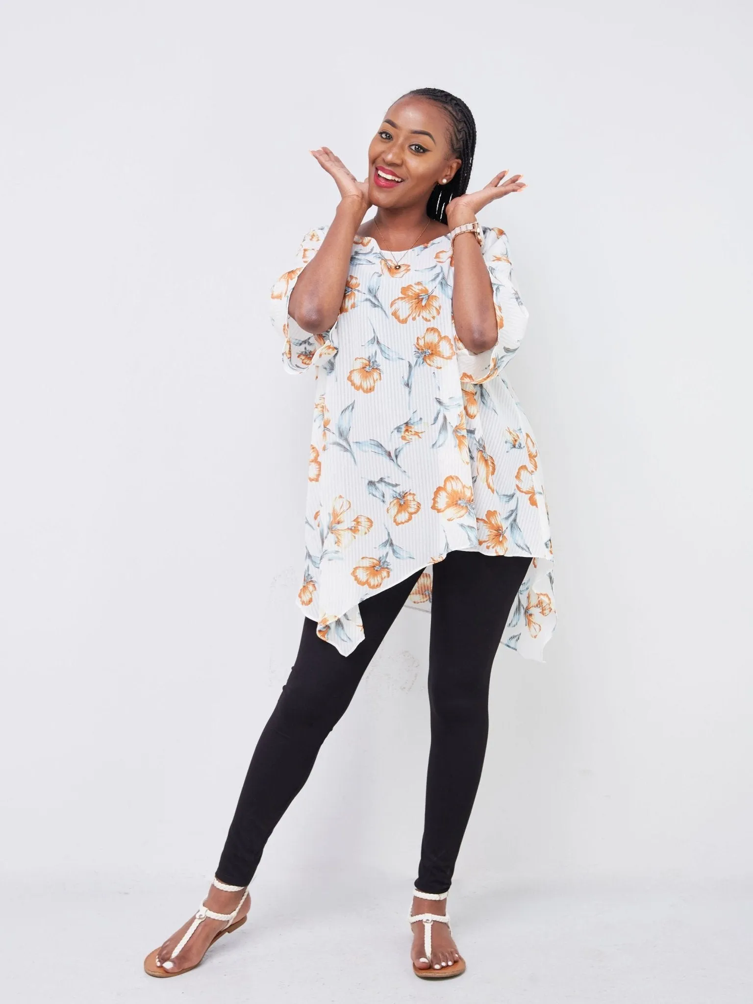 Vivo Sana Asymmetrical Angel Sleeve Top - White / Rust Floral Print