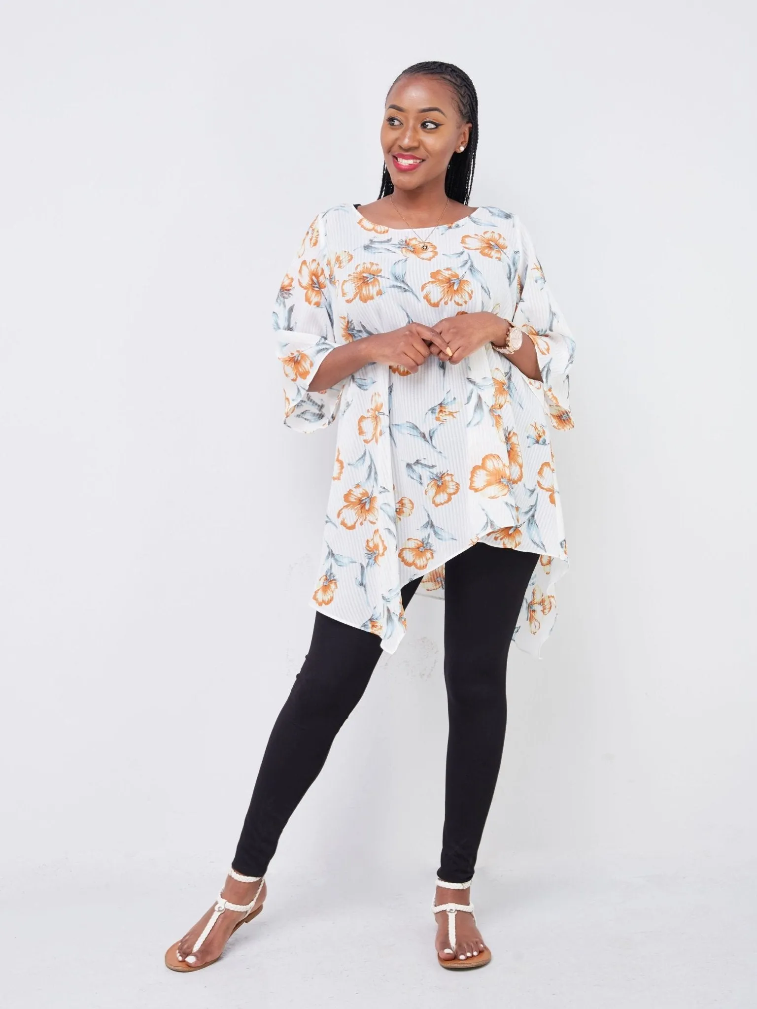 Vivo Sana Asymmetrical Angel Sleeve Top - White / Rust Floral Print