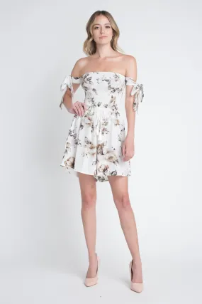 Women's Off Shoulder Smocked Floral Tie Romper