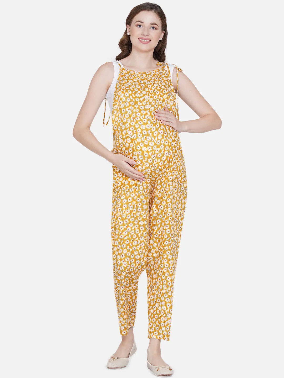 Yellow Floral Print Maternity Jumpsuit